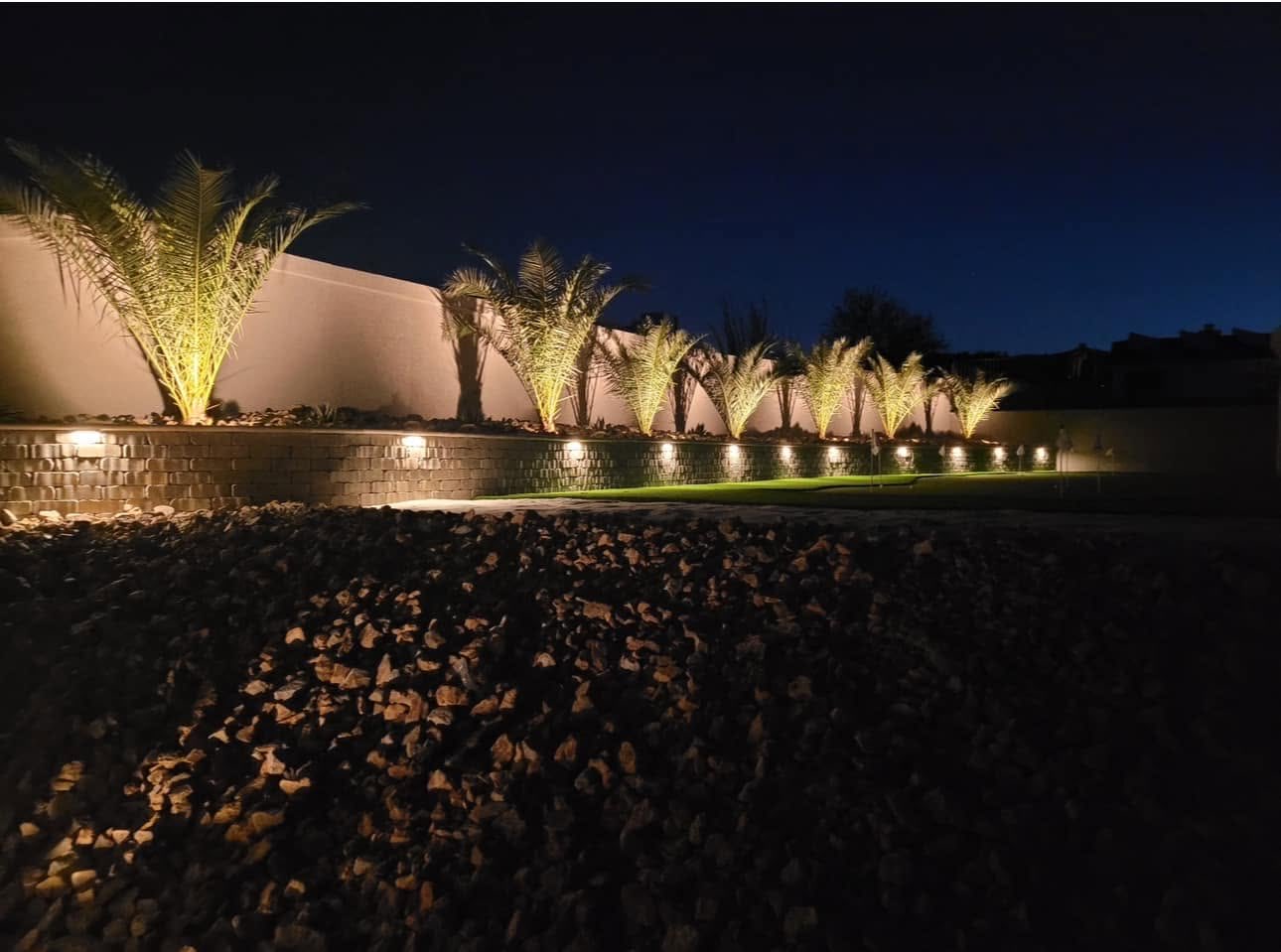 Uplit palm trees and landscape lighting along a retaining wall at night — irrigation and landscaping by Havasu Pavers in Lake Havasu City